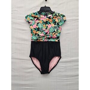 Cat & Jack Girls Tropical Floral One Piece Swimsuit Black Pink Green L 10/12